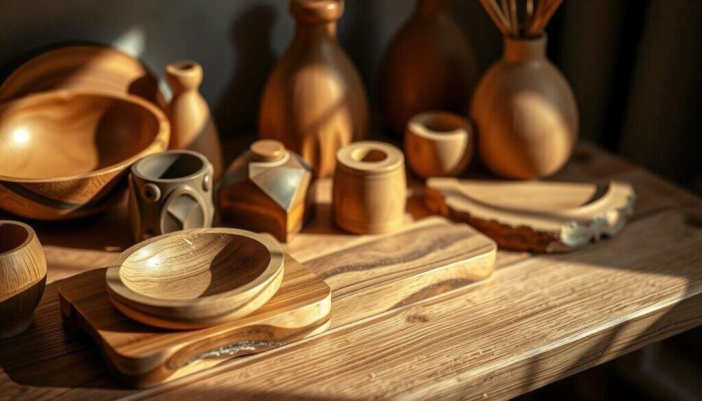 A cozy still life featuring an arrangement of small, artisanal wooden decor pieces. Close-up view showcasing the natural grain, warm tones, and handcrafted textures of the objects. Wooden bowls, trays, candle holders, and other rustic home accents arranged on a wooden surface, with soft, diffused lighting from the side. Subtle shadows add depth and dimension. The overall mood is intimate, inviting, and celebrates the beauty of simple, high-quality wooden home decor.