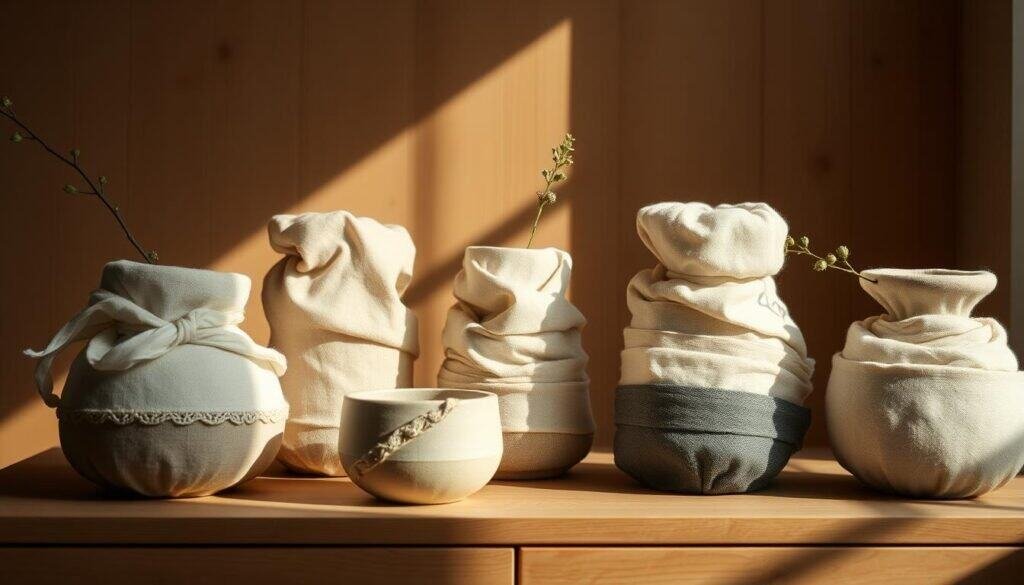 A cozy still life of handcrafted fabric-wrapped vessels, displayed in a warm, natural light. Soft, textured cotton and linen wraps gently embrace the organic ceramic forms, creating a serene and inviting atmosphere. The vessels are arranged on a simple wooden table or surface, with a minimal, minimalist backdrop that allows the tactile beauty of the materials to shine. Hints of natural greenery or other natural elements may be present, adding to the calming, earthy aesthetic. The overall mood is one of quiet contemplation and elevated comfort, reflecting the tranquil spirit of handmade home decor.