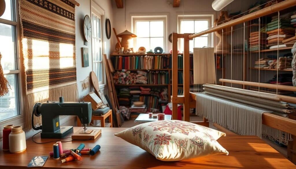 A cozy studio filled with vibrant textile arts, a warm glow from natural lighting filtering through large windows. In the foreground, a hand-woven tapestry in earthy tones hangs on the wall, its intricate patterns casting soft shadows. On a wooden table, a sewing machine and spools of colorful thread sit next to a half-finished embroidered pillow, the delicate stitches coming to life. In the middle ground, a loom stands tall, its shuttle weaving a tapestry of rich textures. The background reveals shelves lined with bolts of fabric in an array of hues, hinting at the boundless creative potential of this textile haven.