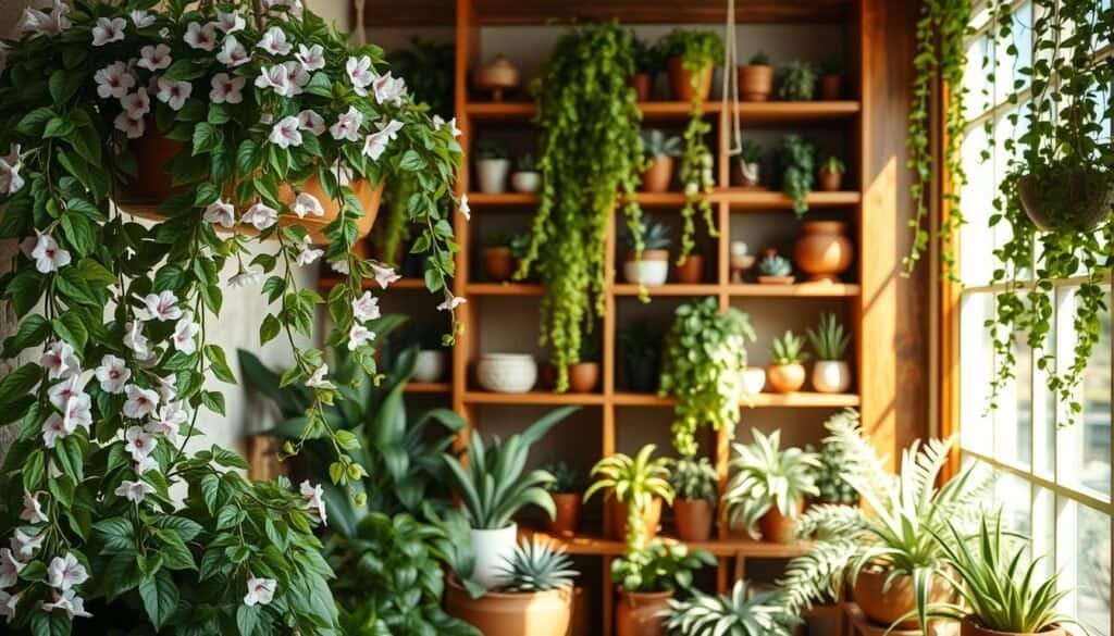 A cozy, sun-dappled corner filled with lush, energy-enhancing plants. In the foreground, clusters of vibrant green leaves and delicate flowers in shades of pink, purple, and white. Trailing vines cascade gracefully from hanging planters, their tendrils embracing the natural wooden shelving and window frames. In the middle ground, a mixture of potted succulents, ferns, and aromatic herbs create a harmonious tapestry of textures and hues. The background features a large, rustic wooden bookshelf, its shelves adorned with an array of potted plants, natural décor, and earthy ceramics. Warm, diffused lighting filters through the window, casting a soft, inviting glow over the entire scene. The overall atmosphere is one of tranquility, vitality, and rejuvenation.