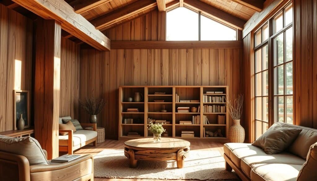 A cozy, sun-dappled interior showcasing the warm, tactile beauty of natural wood textures. Meticulously crafted wooden furnishings, from a sturdy coffee table to a rustic bookshelf, create a serene, grounding atmosphere. Soft, diffused lighting highlights the rich grain patterns and smooth, silky surfaces. Overhead, wooden ceiling beams cast gentle shadows, while a large window floods the space with soft, natural illumination. The room's neutral color palette and minimal decor allow the inherent elegance of the wood to take center stage, inviting a sense of tranquility and reconnection with the natural world.