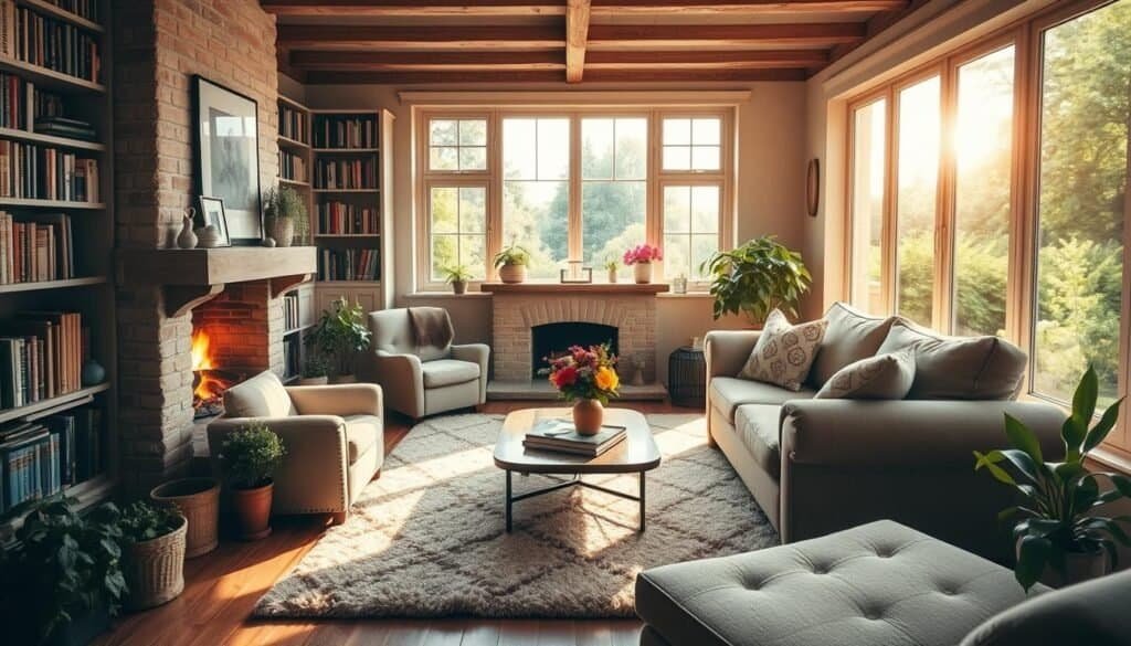 A cozy, sun-dappled living room bathed in warm, natural light. Plush, neutral-toned furnishings invite relaxation, while a crackling fireplace casts a comforting glow. Bookshelves line the walls, filled with well-worn tomes. A large, cushy sofa and armchair sit atop a plush, patterned rug, beckoning weary souls to sink in and unwind. Potted plants and fresh-cut flowers add pops of vibrant color, while large windows offer tranquil views of a lush, verdant garden outside. This inviting, serene sanctuary is a haven of peace and tranquility, a restorative retreat from the stresses of the day. A cozy, sun-dappled living room bathed in warm, natural light. Plush, neutral-toned furnishings invite relaxation, while a crackling fireplace casts a comforting glow. Bookshelves line the walls, filled with well-worn tomes. A large, cushy sofa and armchair sit atop a plush, patterned rug, beckoning weary souls to sink in and unwind. Potted plants and fresh-cut flowers add pops of vibrant color, while large windows offer tranquil views of a lush, verdant garden outside. This inviting, serene sanctuary is a haven of peace and tranquility, a restorative retreat from the stresses of the day.