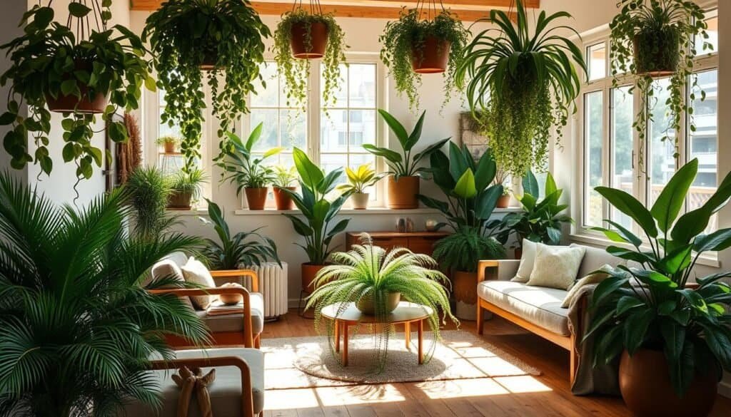 A cozy, sun-dappled plant oasis in a tranquil living space. Lush, verdant foliage cascades from hanging planters, casting soft shadows on the warm, weathered wood floors. Potted palms, ferns, and trailing vines fill the foreground, their vibrant greens contrasting with the muted tones of the mid-century modern furniture. Natural light filters through large windows, bathing the scene in a serene, golden glow. The overall atmosphere is one of peaceful relaxation, inviting the viewer to pause and immerse themselves in the calming ambiance of this lush, indoor haven.