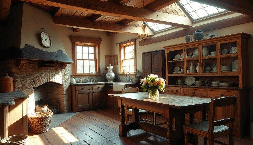 A cozy, sun-dappled rustic kitchen with worn wooden beams, a charming stone fireplace, and an antique farmhouse table set with a simple floral centerpiece. Warm light filters through the leaded glass windows, casting a gentle glow on the hand-hewn cabinetry and a weathered wooden hutch displaying an array of vintage dishware. The room exudes a sense of timeless comfort, with a subtle hint of country elegance in the natural textures and muted tones. An inviting, lived-in space that captures the essence of simple, authentic living.
