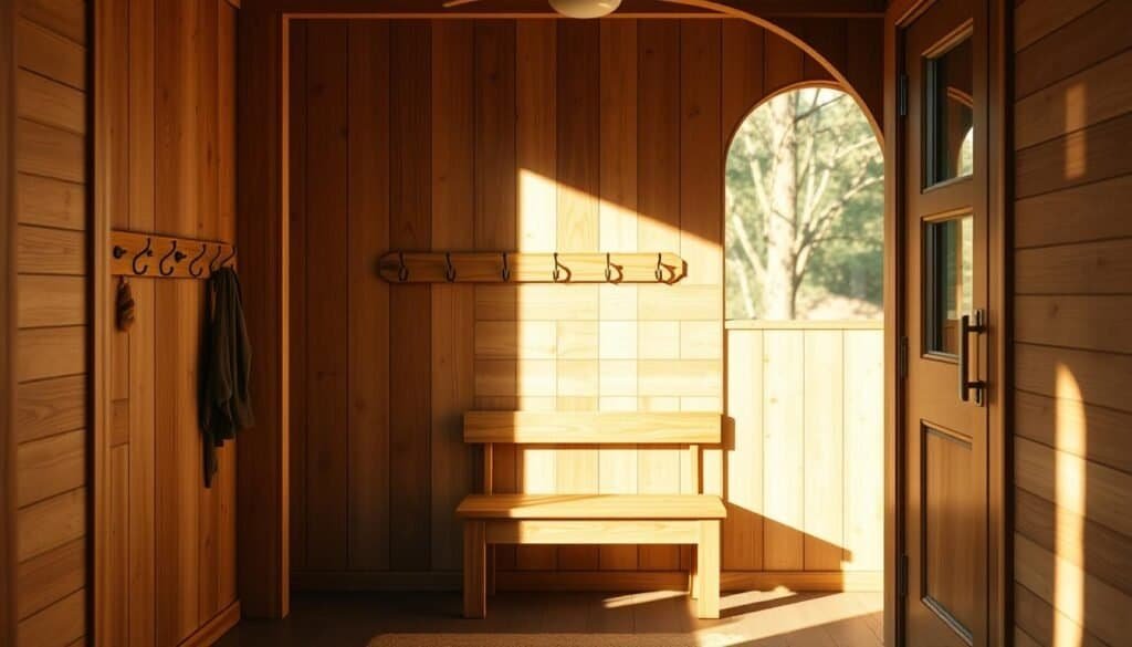A cozy, sun-dappled wooden entryway with a warm, inviting bench and an array of sturdy hooks. The natural grain of the wood creates a tactile, rustic charm, while the clean lines and simple design exude a sense of effortless elegance. A wide, arched doorway frames the scene, allowing natural light to pour in and cast gentle shadows. The bench, perfectly positioned to greet visitors, offers a comfortable place to remove shoes or hang jackets. Subtle metal hardware accents complement the earthy tones. This welcoming space sets the tone for a home that embraces the beauty of natural materials and a soothing, harmonious atmosphere.