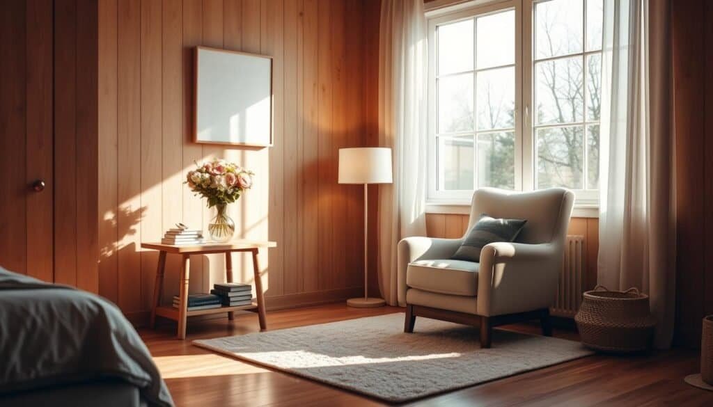 A cozy, sun-drenched corner of a bedroom, featuring a plush armchair nestled in front of a large window. A wooden side table holds a vase of fresh flowers, a reading lamp, and a stack of books. The hardwood floor is covered with a soft, textured rug, and the walls are adorned with natural wood paneling and a simple, minimalist art piece. The lighting is warm and inviting, creating a serene and rejuvenating atmosphere. The room is filled with natural textures, calming colors, and a sense of tranquility, making it the perfect retreat for relaxation and mindfulness.