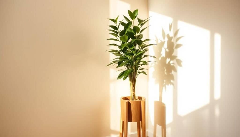 A cozy, sun-drenched corner with a tall, lush indoor plant standing gracefully atop a modern, minimalist wooden plant stand. The stand's clean lines and natural wood grain texture complement the plant's vibrant foliage, creating a harmonious and inviting display. Soft, warm lighting filters through the room, casting gentle shadows that add depth and dimension to the scene. The overall atmosphere is one of tranquility and a sense of natural, organic beauty within the indoor living space.