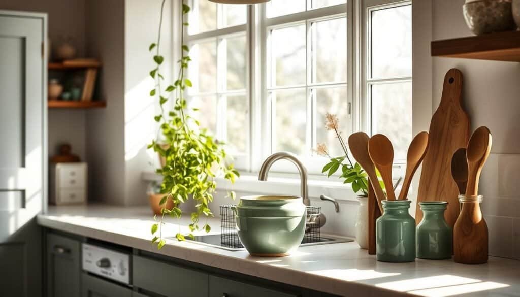A cozy, sun-drenched kitchen, accented with verdant touches that uplift the mood. A lush, trailing houseplant cascades over a vintage-inspired, sage green ceramic pot, casting soft shadows on the pristine white marble countertop. Nearby, a set of handcrafted wooden kitchen utensils in shades of emerald green stand at the ready, their natural grain and hues adding warmth to the scene. Soft, indirect lighting from large windows filters in, casting a gentle glow over the subtle, earthy tones that permeate the space, creating an inviting, nature-inspired ambiance.
