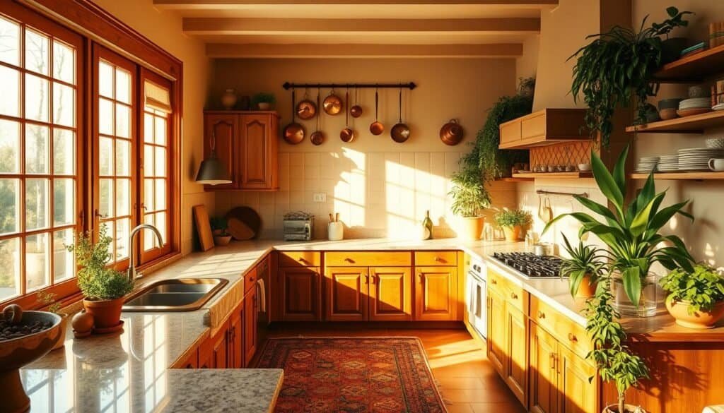 A cozy, sun-drenched kitchen bathed in warm, inviting tones. Soft, golden light cascades through large windows, illuminating rich wood cabinetry and smooth granite countertops. Burnished copper pots and pans hang neatly on the wall, complementing the earthy terracotta tiles underfoot. Plush, textured rugs and lush, verdant plants add pops of color and softness, creating a harmonious, lived-in ambiance. The room exudes a sense of comfort and hominess, drawing the viewer in with its effortless, welcoming atmosphere.