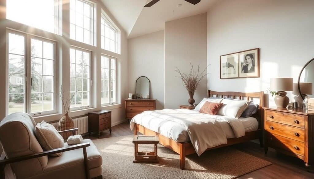 A cozy, tranquil modern bedroom with a vintage twist. Natural light streams through large windows, casting a warm glow on the room. A mid-century style wooden bed frame with plush bedding takes center stage, complemented by a antique wooden dresser and nightstand. A vintage armchair sits in the corner, inviting relaxation. Soft textures, muted colors, and rustic accents create a serene, harmonious atmosphere. The room is a harmonious blend of old and new, promoting a sense of calm and comfort.