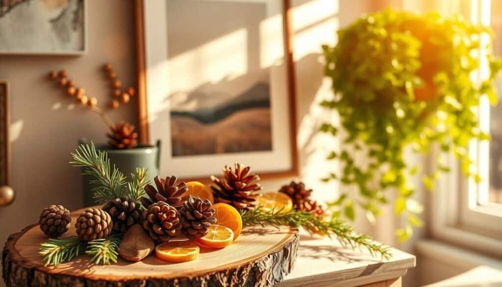 A cozy vignette of seasonal wall decor, bathed in warm, golden light from a nearby window. In the foreground, a collection of natural elements - pinecones, dried citrus slices, and a sprig of evergreen - artfully arranged on a rustic wooden plaque. The middle ground showcases a minimalist, framed landscape painting, its muted tones complementing the earthy tones of the seasonal accents. In the background, a lush, potted plant cascades, adding a touch of lush greenery to the scene. The overall atmosphere evokes a sense of tranquility and simple elegance, perfect for refreshing a wall collage throughout the year.