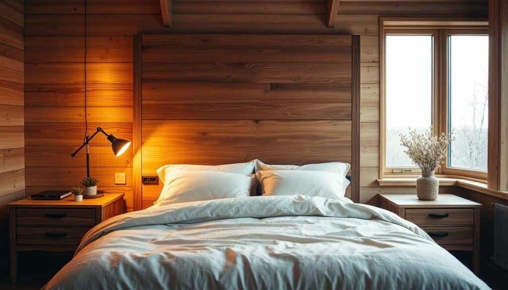 A cozy, warm, and inviting wood-toned bedroom with a statement wooden headboard as the focal point. The headboard is crafted from rustic, weathered wood with a natural grain, casting a soft, ambient glow in the space. Plush bedding in neutral tones complements the wooden accents, creating a harmonious and tranquil atmosphere. Subtle lighting filters in through large windows, illuminating the room with a gentle, golden hue. The overall aesthetic is one of comfort, coziness, and a connection to nature, evoking a sense of relaxation and well-being.