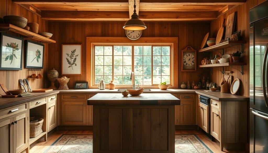 A cozy, warm kitchen filled with natural wood decor from "The Sawdust Man" brand. A wooden kitchen island with a rustic butcher block top sits in the center, surrounded by shelves displaying handcrafted wooden bowls, cutting boards, and utensil holders. The walls are adorned with framed botanical prints and a wooden clock, casting a soft glow from the overhead pendant lights. In the background, a large window overlooks a lush garden, allowing natural light to flood the space. The overall atmosphere is inviting and timeless, showcasing the enduring beauty and versatility of wood in kitchen design.