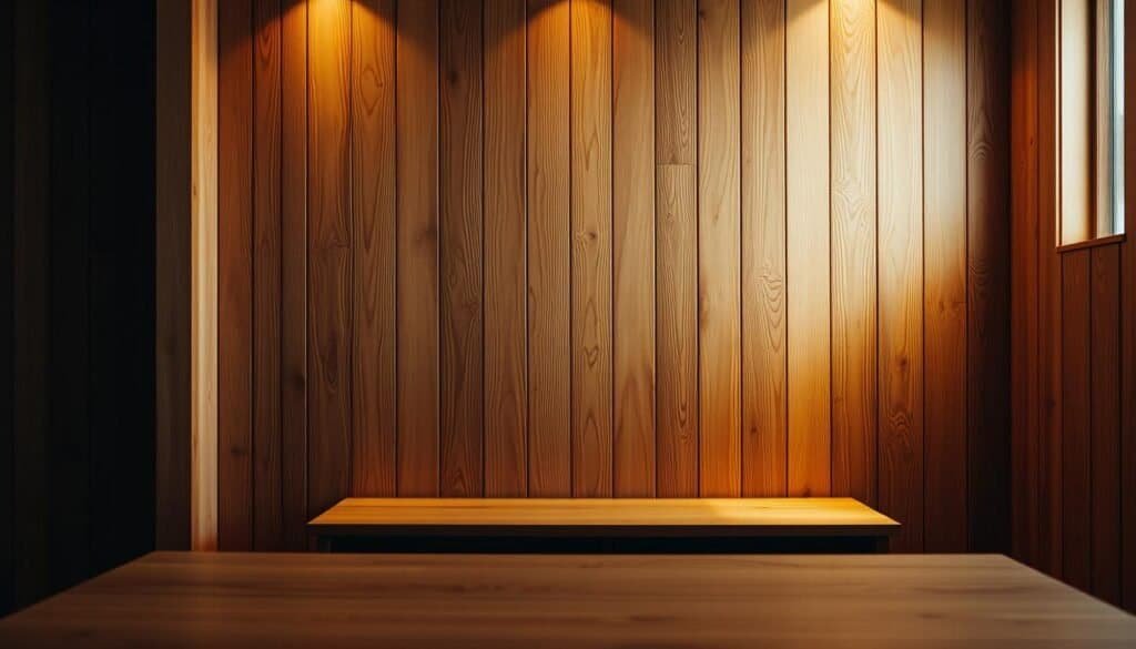 A cozy, warmly-lit interior with a prominent wood-paneled wall as the focal point. The wood texture is rich and detailed, showcasing the natural grain patterns and subtle variations in tone. The lighting is soft and diffused, casting a soothing ambiance throughout the space. In the foreground, a minimalist wooden table or shelving unit complements the surrounding textures. The overall atmosphere is one of tranquility and grounding, inviting the viewer to slow down and appreciate the beauty of natural materials.