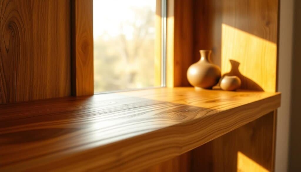 A cozy, warmly lit wooden shelf, its surface gleaming with a rich, natural sheen. Smooth, polished oak grain patterns dance across the frame, each knot and imperfection adding depth and character. Delicate rays of soft, golden light filter through the window, casting a gentle glow on the wood's surface. The shelf is adorned with a few carefully curated decorative accents, their forms and textures complementing the rustic, organic beauty of the wood. An atmosphere of tranquility and refinement permeates the scene, inviting the viewer to pause and appreciate the simple, yet profound, pleasure of a well-crafted wooden touch.
