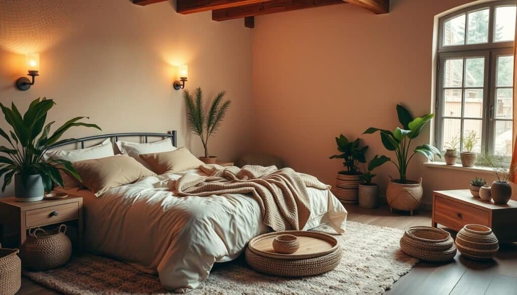 A cozy, well-appointed bedroom with warm, inviting textures and tones. Soft bedding in earthy hues, plush area rug, and wooden furniture create a calming, harmonious ambiance. Indirect lighting from wall sconces casts a gentle glow, while a large window allows natural light to filter in, illuminating the space. Potted plants and natural accents, such as woven baskets and decorative trays, add organic elements. The scene exudes a sense of comfort and relaxation, reflecting the tranquility of a personal sanctuary.