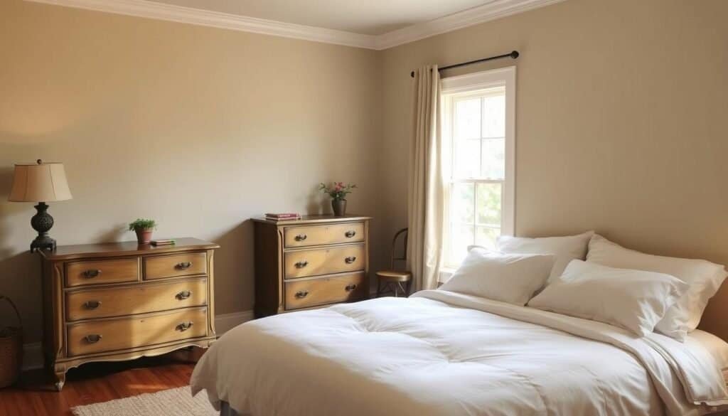 A cozy, well-appointed bedroom with warm, muted tones. A large, plush bed with crisp, white linens and several soft, neutral-colored pillows. An antique, wooden dresser stands beside the bed, complemented by a vintage table lamp with a linen shade. Soft, natural light filters in through a large window, casting a gentle glow throughout the space. A small, potted plant sits on the dresser, adding a touch of greenery. The walls are painted in a calming, neutral color, and a soft, woven area rug covers the hardwood floor. The overall atmosphere is one of tranquility and relaxation, inviting the viewer to step into this serene, restorative space.