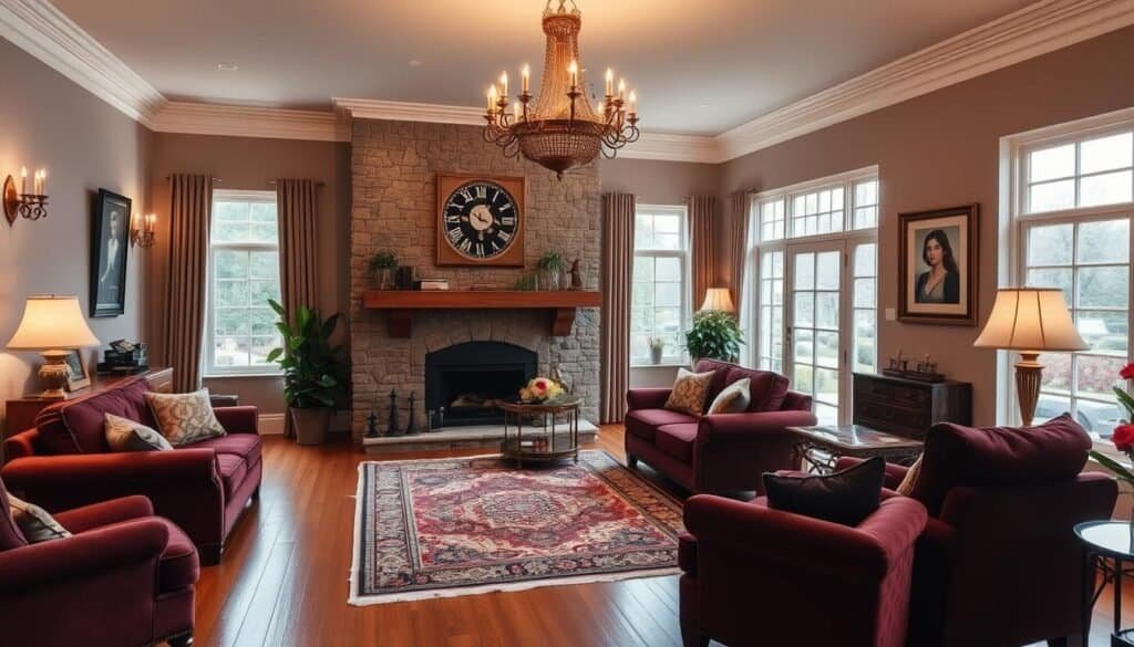 A cozy, well-appointed living room with an elegant, timeless aesthetic. Warm hardwood floors, plush velvet furnishings in a rich, jewel-toned palette, and a large stone fireplace as the centerpiece. Soft, diffused lighting from brass sconces and a large, ornate chandelier casts a gentle glow. Framed art and decorative accents adorn the walls, while lush potted plants and a Persian-style area rug add natural touches. Large windows provide ample natural light and scenic garden views beyond. The overall atmosphere is one of refined sophistication and effortless style.