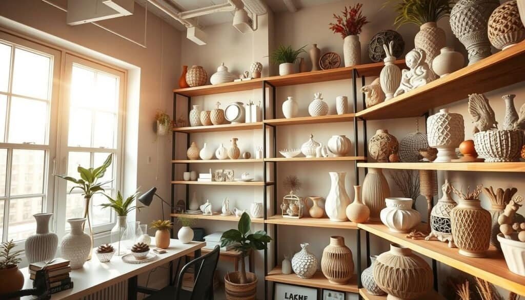 A cozy, well-lit 3D printed interior design studio filled with intricate, custom-made home decor items. Detailed shelves showcase an array of intricate vases, planters, and other decorative elements, all crafted using the latest 3D printing technology. Warm, natural lighting filters in through large windows, casting a soft glow over the scene. The camera angle provides a wide, immersive view of the space, allowing the viewer to appreciate the careful attention to detail and the personalized touch of the DIY projects. The overall atmosphere is one of creativity, craftsmanship, and a sense of homely comfort.