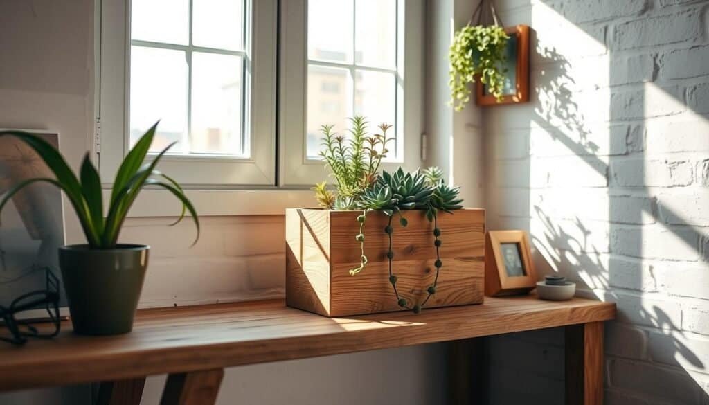 A cozy, well-lit DIY plant decor setup featuring a handcrafted wooden planter box with a lush, trailing succulent arrangement. The planter sits on a rustic wooden shelf against a whitewashed brick wall, casting warm, natural shadows. Sunlight filters through large windows, illuminating the scene with a soft, diffused glow. The overall atmosphere is one of tranquility and mindful craftsmanship, perfectly suited to inspire a small, focused project to center the mind.