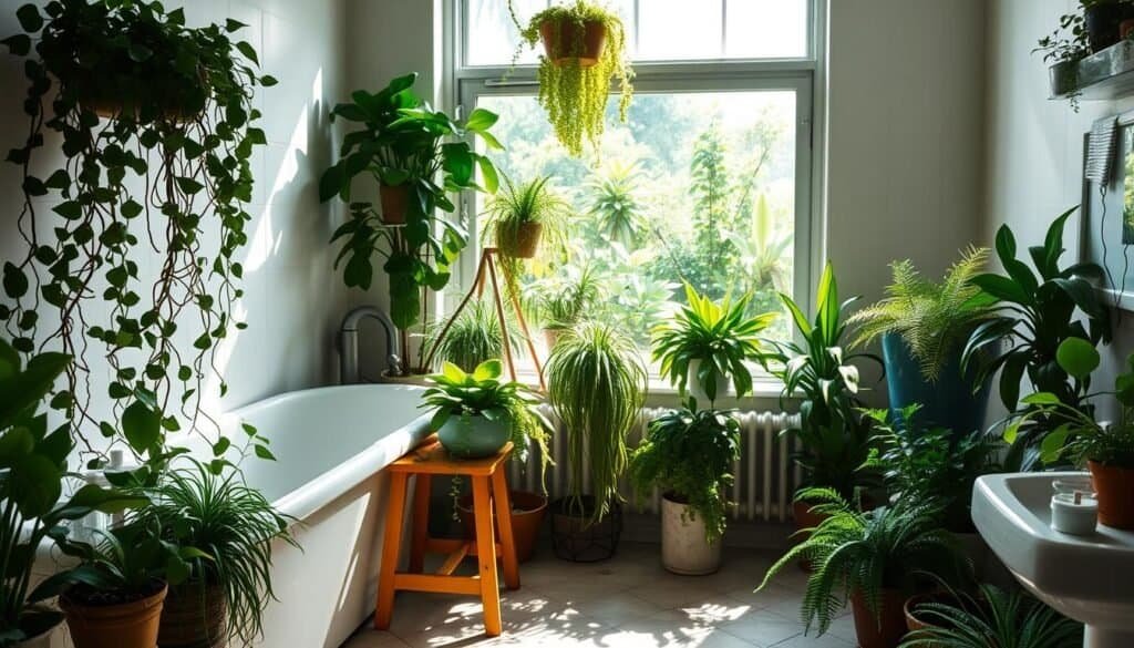 A cozy, well-lit bathroom filled with a variety of lush, thriving houseplants. In the foreground, a wooden plant stand holds an assortment of trailing vines, ferns, and succulents, casting soft shadows across the tiled floor. Through a large window, the mid-ground showcases a verdant outdoor garden, blending seamlessly with the indoor oasis. Gentle natural light streams in, illuminating the scene with a warm, earthy glow. The overall atmosphere is one of tranquility, serenity, and a sense of bringing the outdoors in, creating a peaceful, plant-filled sanctuary.