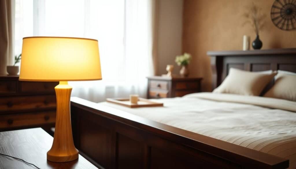 A cozy, well-lit bedroom featuring a dark wood bed frame, nightstands, and dresser. In the foreground, a natural wood table lamp with a soft, warm glow casts a gentle light across the room. On the nightstands, simple wooden trays and candlesticks add subtle accents. In the background, a large window allows natural light to filter in, creating a serene, inviting atmosphere. The overall scene conveys a sense of calm and balance, with the light wood elements complementing the darker furniture to create a harmonious, nature-inspired space.