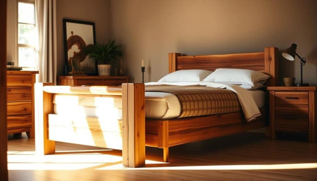 A cozy, well-lit bedroom featuring a sturdy, rustic wooden bed frame with a plush mattress and linens, complemented by a matching wooden dresser and nightstand. Warm, golden lighting casts a soft glow, highlighting the natural wood grain and textures. The bedroom's decor is simple yet elegant, with a potted plant and minimal accents that create a calming, inviting atmosphere. The overall scene conveys a sense of comfort and tranquility, showcasing how wooden furniture can transform a bedroom's ambiance.
