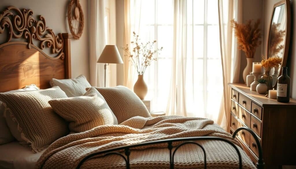 A cozy, well-lit bedroom filled with DIY décor elements. In the foreground, a handcrafted wooden headboard with intricate carvings casts warm shadows. Plush, textured throw pillows and a knitted blanket adorn a wrought-iron bed frame. Midground features a rustic wooden dresser adorned with artisanal candles and a decorative vase of dried flowers. The background showcases a large window with sheer curtains, allowing natural light to pour in and illuminating the space. The overall mood is one of comforting, homemade charm and tactile, natural materials.