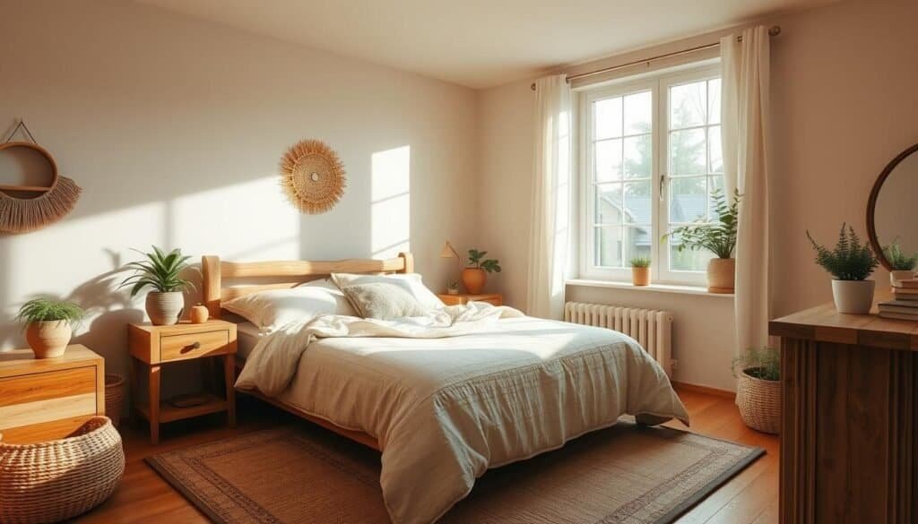 A cozy, well-lit bedroom in a warm palette of natural hues. Soft, textured linens adorn a plush queen-sized bed, inviting relaxation. Rustic wooden furniture, including a nightstand and dresser, lend an organic charm. A large window floods the space with gentle, diffused sunlight, casting a welcoming glow. Potted plants and a small, decorative rug add natural accents, creating a sense of coziness and comfort. The overall atmosphere is serene, harmonious, and conducive to a restful, rejuvenating experience.