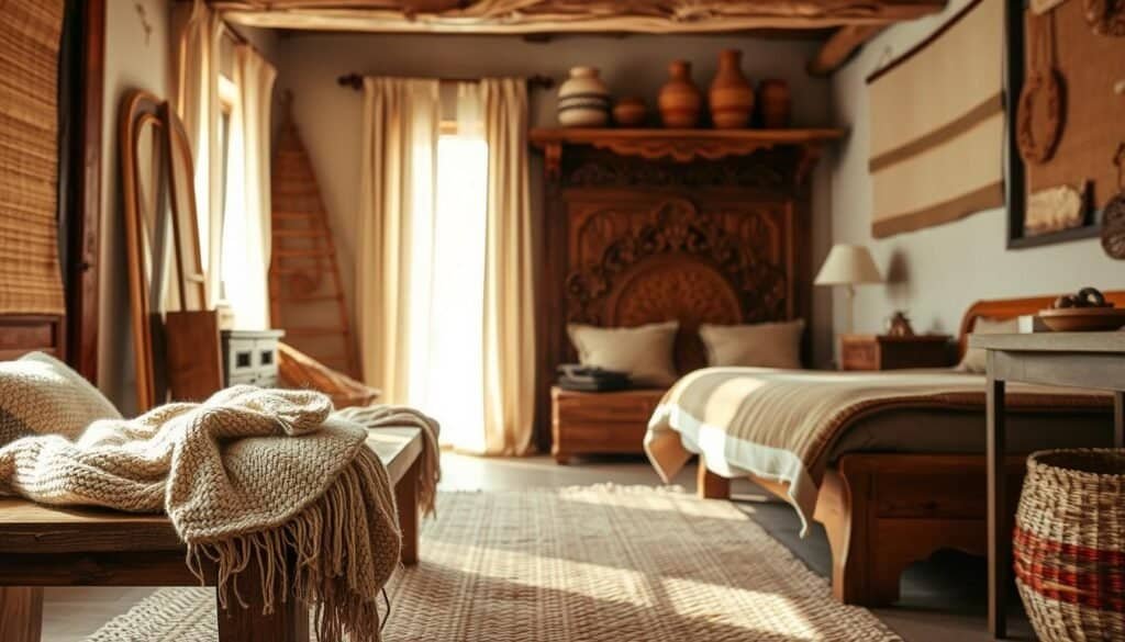 A cozy, well-lit bedroom interior filled with handwoven textiles. In the foreground, a plush, artisanal throw blanket in earthy tones cascades over a rustic wooden bench. In the middle ground, a handloom-woven area rug in a subtle pattern anchors the space. Sunlight filters through sheer curtains, casting a warm, natural glow. The background features a wooden headboard with intricate carved detailing, topped with a carefully curated display of handmade ceramic vases and woven baskets. The overall mood is one of comfort and craftsmanship, evoking a sense of tranquility. Signature: "The Sawdust Man"