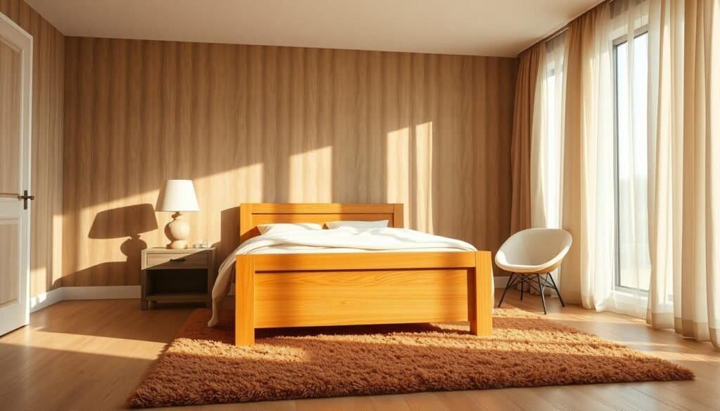 A cozy, well-lit bedroom setting featuring a harmonious blend of natural wood tones and soft, earthy colors. In the foreground, a solid oak bedframe with a smooth, satin finish stands as the centerpiece. Complementing it, a rustic wooden nightstand with a weathered charm holds a minimal, minimalist lamp casting a warm glow. In the middle ground, a plush area rug in a muted terracotta hue unifies the space, while floor-to-ceiling windows allow natural light to pour in, creating a serene, inviting atmosphere. The background showcases a neutral-toned accent wall, enhancing the organic, nature-inspired palette. Soft, wispy curtains in a complementary shade frame the scene, conveying a sense of balance and tranquility.