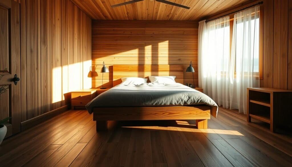 A cozy, well-lit bedroom showcasing the natural beauty of wood. Soft, warm lighting illuminates the rustic wooden headboard, nightstands, and floor panels, creating a tranquil, inviting ambiance. Delicate shadows dance across the surfaces, highlighting the intricate wood grain textures. Sunlight filters through sheer curtains, casting a gentle glow and casting long shadows across the room. The lighting is balanced, neither too bright nor too dark, evoking a serene, relaxing atmosphere. High-resolution, realistic, photographic quality, no text or logos.