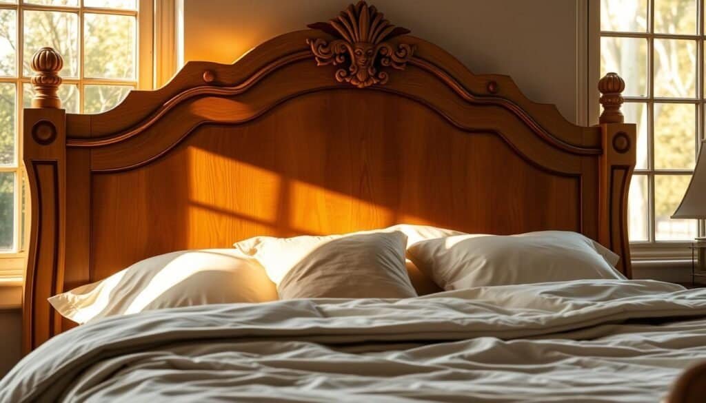 A cozy, well-lit bedroom with a beautifully crafted wooden headboard as the focal point. The headboard features intricate woodgrain patterns, expertly carved details, and a warm, natural finish that complements the soft, neutral-toned bedding. The room is bathed in soft, golden light filtering in through large windows, casting a cozy, inviting atmosphere. The headboard is positioned against a neutral-colored wall, allowing its natural beauty to shine. The overall scene evokes a sense of rustic elegance and comfort, perfectly capturing the charm of a wooden headboard in a bedroom setting. A cozy, well-lit bedroom with a beautifully crafted wooden headboard as the focal point. The headboard features intricate woodgrain patterns, expertly carved details, and a warm, natural finish that complements the soft, neutral-toned bedding. The room is bathed in soft, golden light filtering in through large windows, casting a cozy, inviting atmosphere. The headboard is positioned against a neutral-colored wall, allowing its natural beauty to shine. The overall scene evokes a sense of rustic elegance and comfort, perfectly capturing the charm of a wooden headboard in a bedroom setting.