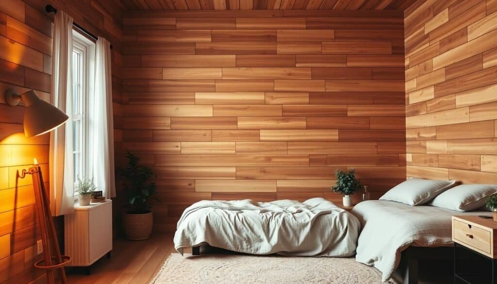 A cozy, well-lit bedroom with a natural wood plank wall as the focal point. Warm, soft lighting from a floor lamp and a window illuminate the textured wood, highlighting its warm tones and rustic charm. The wood has a slightly weathered, aged appearance, adding to the inviting ambiance. The bedroom furnishings are minimalistic, allowing the wood wall to take center stage. A delicate, organic-inspired rug and a few potted plants complete the serene, nature-inspired scene.