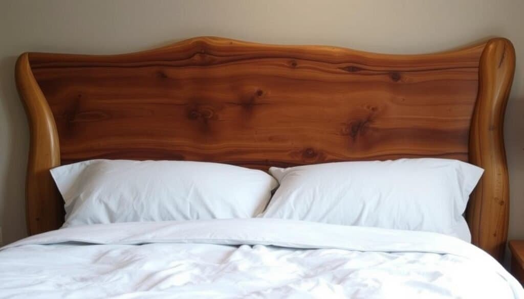 A cozy, well-lit bedroom with a rustic, handcrafted wooden headboard as the focal point. The headboard features a unique, intricate design with natural wood grains, knots, and a warm, earthy tone that emanates a sense of comfort and character. The headboard is positioned against a neutral wall, allowing its design to stand out. Soft, diffused lighting illuminates the space, casting a gentle glow and highlighting the texture and craftsmanship of the wooden headboard. The overall atmosphere is inviting, tranquil, and reminiscent of a serene, nature-inspired haven. A cozy, well-lit bedroom with a rustic, handcrafted wooden headboard as the focal point. The headboard features a unique, intricate design with natural wood grains, knots, and a warm, earthy tone that emanates a sense of comfort and character. The headboard is positioned against a neutral wall, allowing its design to stand out. Soft, diffused lighting illuminates the space, casting a gentle glow and highlighting the texture and craftsmanship of the wooden headboard. The overall atmosphere is inviting, tranquil, and reminiscent of a serene, nature-inspired haven.
