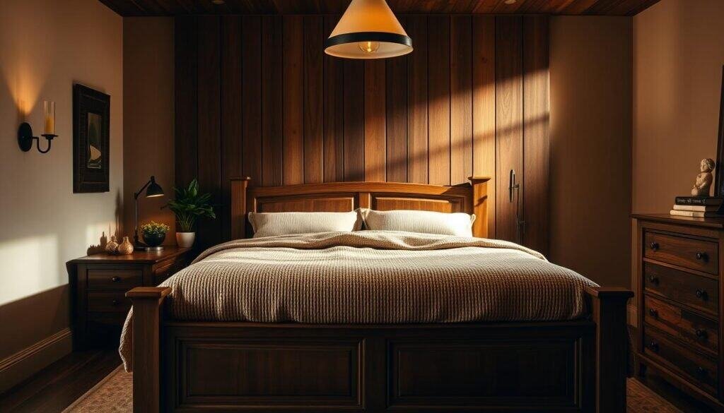 A cozy, well-lit bedroom with a warm, inviting atmosphere. A large wooden bed frame with a plush, textured comforter takes center stage, complemented by matching wooden nightstands and a dresser. The rich, dark wood tones create a sense of depth and sophistication. Soft, diffused lighting from sconces and a central pendant fixture illuminates the space, casting a golden glow. Hints of greenery, such as a potted plant, add a touch of life and natural elegance. The overall composition evokes a serene, relaxing ambiance perfect for unwinding at the end of the day.