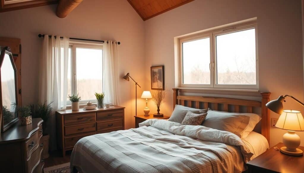 A cozy, well-lit bedroom with a warm, inviting atmosphere. Soft, golden light spills in through large windows, casting a gentle glow over the wooden furniture and plush bedding. A mix of ambient and task lighting creates a harmonious balance, with a floor lamp and bedside table lamps providing gentle illumination. The space feels cohesive and calming, with carefully placed decorative elements that contribute to the overall sense of comfort and tranquility. The camera angles capture the room's depth and dimensionality, showcasing the room's inviting and relaxing vibe.
