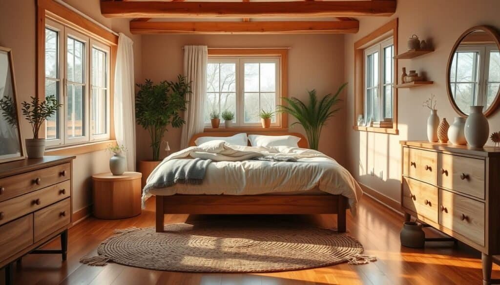 A cozy, well-lit bedroom with a warm, natural aesthetic. Soft, diffused lighting illuminates a wooden bed frame with a plush, textured comforter. Delicate potted plants and a wooden nightstand create a sense of balance and tranquility. The hardwood floor is accented with a woven area rug, complemented by a wooden dresser and shelves displaying decorative trinkets. Large windows allow natural light to filter in, casting a gentle glow throughout the space. The overall atmosphere is one of relaxation and mindfulness, inviting the viewer to imagine themselves in this peaceful, harmonious sanctuary. A cozy, well-lit bedroom with a warm, natural aesthetic. Soft, diffused lighting illuminates a wooden bed frame with a plush, textured comforter. Delicate potted plants and a wooden nightstand create a sense of balance and tranquility. The hardwood floor is accented with a woven area rug, complemented by a wooden dresser and shelves displaying decorative trinkets. Large windows allow natural light to filter in, casting a gentle glow throughout the space. The overall atmosphere is one of relaxation and mindfulness, inviting the viewer to imagine themselves in this peaceful, harmonious sanctuary.