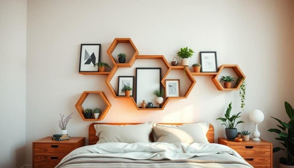 A cozy, well-lit bedroom with a warm, natural ambiance. In the center, a set of hexagonal floating shelves made of rich, honey-toned wood, artfully arranged with potted plants, framed artwork, and decorative items, creating a visually striking and harmonious display. The shelves are positioned against a neutral, textured wall, allowing the wood tones to stand out. Soft, diffused lighting casts a gentle glow, enhancing the organic feel of the space. The overall composition exudes a sense of tranquility and thoughtful design, perfectly complementing the "Floating Shelves and Wall Storage Solutions" section of the article.