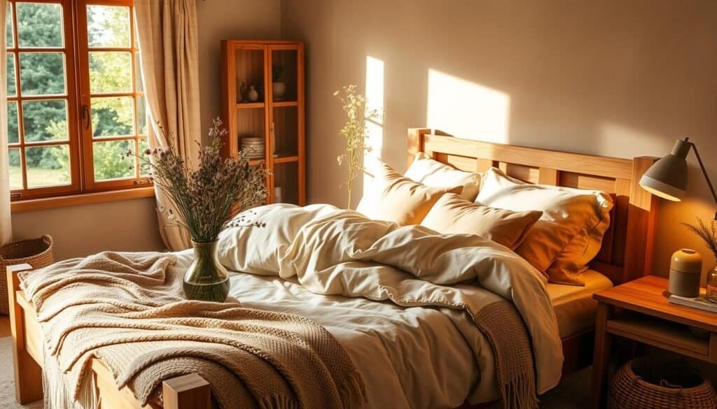 A cozy, well-lit bedroom with a wooden bed frame and soft, natural linens. Layers of warm, earthy textiles in muted tones - a lush, oversized comforter, plush pillows, and a hand-woven throw blanket. A vase of fresh wildflowers sits on the nightstand, casting a soft, natural glow. Warm, diffused lighting illuminates the space, creating a serene, tranquil atmosphere. The window frames a view of a lush, verdant garden outside, hinting at the changing of the seasons. Soft, textural elements like woven baskets and natural fibers add depth and visual interest. The overall mood is one of comfort, coziness, and a connection to the natural world.