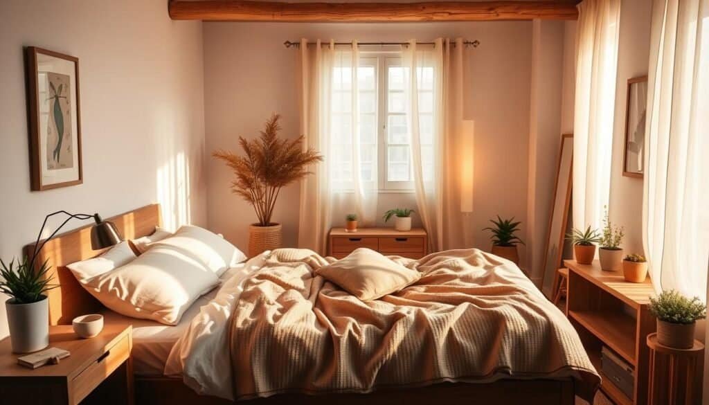 A cozy, well-lit bedroom with warm, natural tones. Soft, textured bedding in muted hues invites relaxation. Wooden furniture and subtle, ambient lighting create a tranquil, soothing atmosphere. Carefully curated decor, such as potted plants and natural artwork, enhance the serene ambiance. The room's layout is thoughtfully designed to promote mindfulness and emotional well-being. Diffused sunlight filters through sheer curtains, casting a gentle glow throughout the space. This serene, harmonious environment exudes a sense of comfort and rejuvenation.