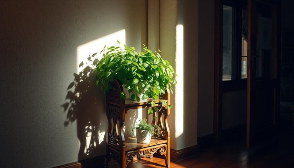 A cozy, well-lit corner in a warm, inviting room. A wooden plant stand, its intricate, carved details casting gentle shadows. Lush, verdant foliage spilling over the shelves, creating a serene, nature-inspired sanctuary. Soft, diffused lighting from a nearby window illuminates the scene, highlighting the natural textures and colors. The stand is angled just so, making the most of an otherwise unused corner, transforming it into a calming, contemplative space. Textured walls and hardwood floors complete the harmonious, rustic ambiance, inviting the viewer to linger and soak in the tranquility.