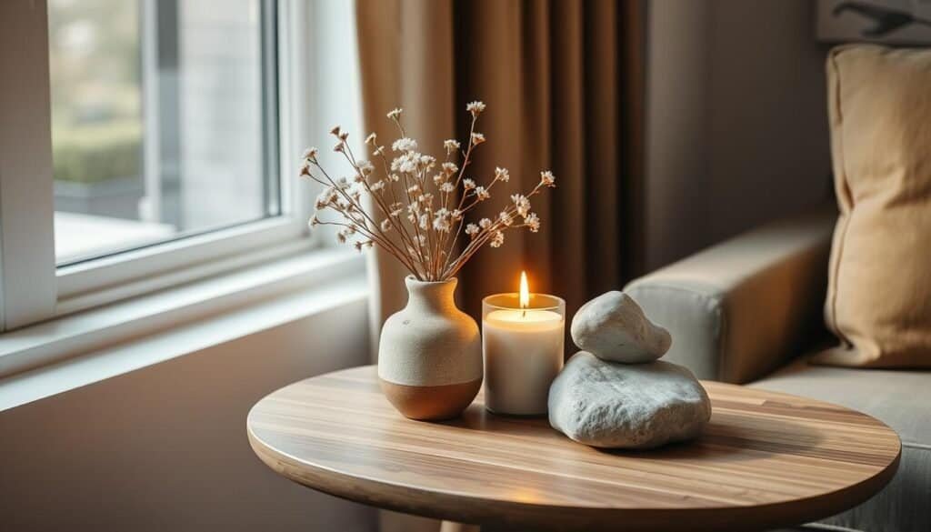 A cozy, well-lit corner of a modern living room. On a sleek, wooden side table, an artfully arranged cluster of small décor items: a rustic, ceramic vase filled with delicate wildflowers, a minimalist candleholder with a softly flickering flame, and a smooth, polished stone sculpture capturing the essence of natural forms. The warm, inviting glow of the candle creates a sense of tranquility, while the natural textures and earthy tones evoke a harmonious, serene atmosphere. The composition is visually balanced, with each element complementing the others to create a visually striking, yet understated display.