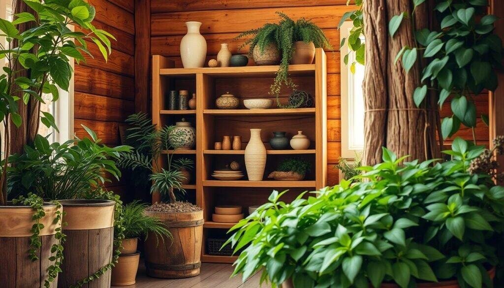 A cozy, well-lit corner showcasing lush, verdant greenery framed within a rustic, wooden structure. The foreground features a selection of potted plants, their vibrant foliage cascading over the edges of weathered, natural-toned planter boxes. In the middle ground, a sturdy, handcrafted wooden shelving unit displays an artful arrangement of decorative vases, ceramics, and natural accents. The background is filled with a warm, softly diffused light, creating a serene and inviting atmosphere. The overall composition evokes a sense of harmony between the natural world and the comforting embrace of wood, making this the perfect cozy corner to refresh and rejuvenate.