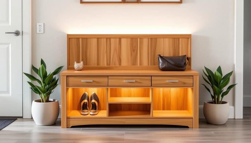 A cozy, well-lit entryway bench with ample storage space. Crafted from warm, natural wood, the bench features clean, modern lines and a sleek, minimalist design. Drawers and open shelves provide convenient storage for shoes, bags, and other everyday items. Soft, indirect lighting casts a inviting glow, creating a welcoming atmosphere. Positioned against a neutral, textured wall, the bench is the focal point of the entryway, seamlessly blending form and function. A pair of potted plants or decorative accents flank the bench, adding a touch of nature and personality. The scene is captured from a slightly elevated, frontal angle, showcasing the bench's clean lines and practical storage solutions.