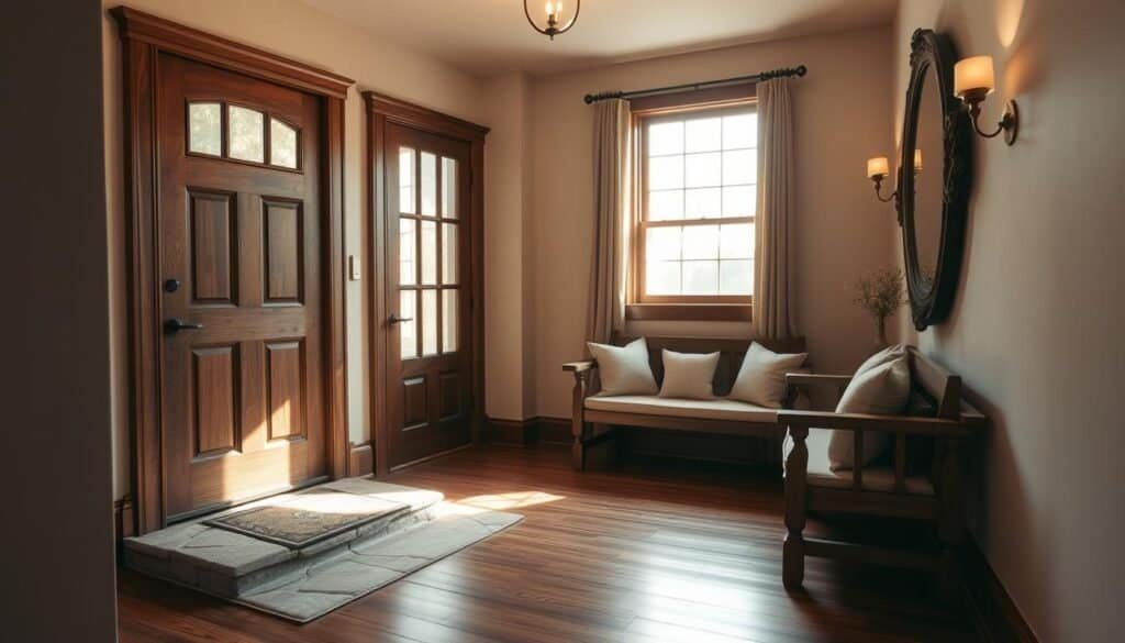 A cozy, well-lit entryway with a sturdy wooden door and weathered stone threshold. Soft, warm light filters in through a large window, casting a gentle glow on the polished hardwood floors and wooden benches adorned with plush cushions. The walls are painted a soothing neutral tone, accented by tasteful wall sconces and a decorative mirror that reflects the natural light. The entryway feels inviting and well-maintained, hinting at the care and attention given to the rest of the home.