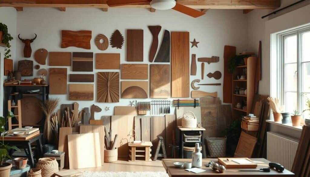 A cozy, well-lit home studio filled with natural textures and rustic charm. In the foreground, a series of handcrafted wooden wall art pieces - geometric shapes, abstract patterns, and organic silhouettes - are arranged in a visually striking layout. The middle ground showcases a variety of reclaimed materials, tools, and small décor items that inspire the DIY process. In the background, a large window allows natural light to flood the space, casting a warm, inviting glow. The overall mood is one of creativity, simplicity, and a touch of effortless elegance.