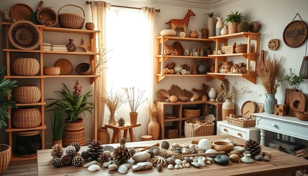 A cozy, well-lit home studio with natural wooden shelves displaying an array of handcrafted decorations. On the shelves, an assortment of woven baskets, dried floral arrangements, and carved wooden trinkets. Soft lighting filters through sheer curtains, casting a warm, inviting glow. In the foreground, a table showcases a selection of natural materials like pinecones, seashells, and river stones, ready to be transformed into personalized DIY projects. The overall atmosphere is serene, rustic, and inspirational, inviting the viewer to explore their own creativity with organic, nature-inspired decor.