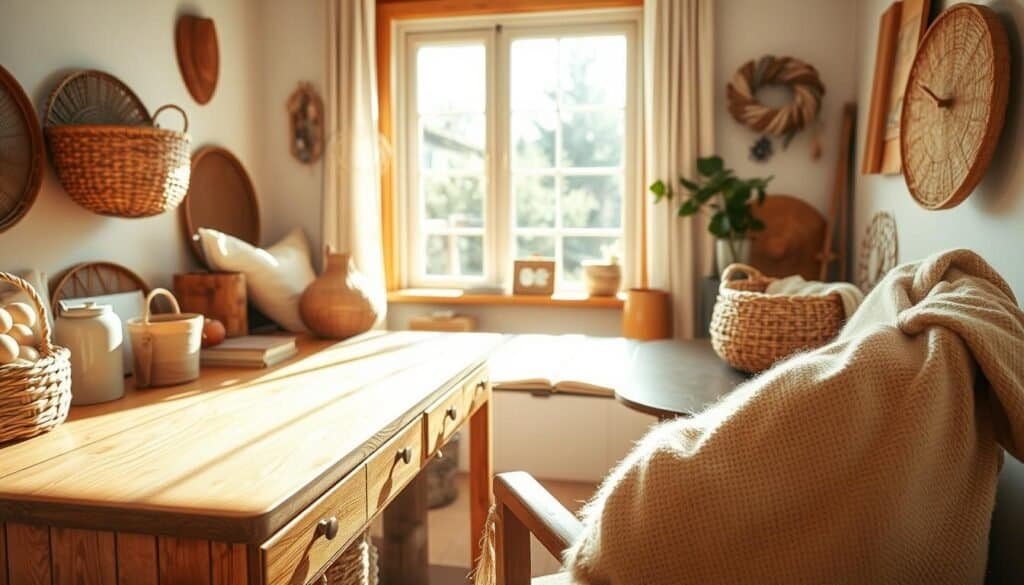 A cozy, well-lit home workspace with natural textures creating a calming, focused environment. Warm wooden surfaces, woven baskets, and soft fabrics in earthy tones fill the frame. Sunlight streams through a large window, casting a gentle glow across the scene. The camera captures the space from an angle that highlights the tactile, sensory elements - the grain of the wood, the weave of the textiles, the smooth contours of the desk. An atmosphere of mindful serenity pervades the image, inviting the viewer to experience the restorative power of texture therapy for mental focus.