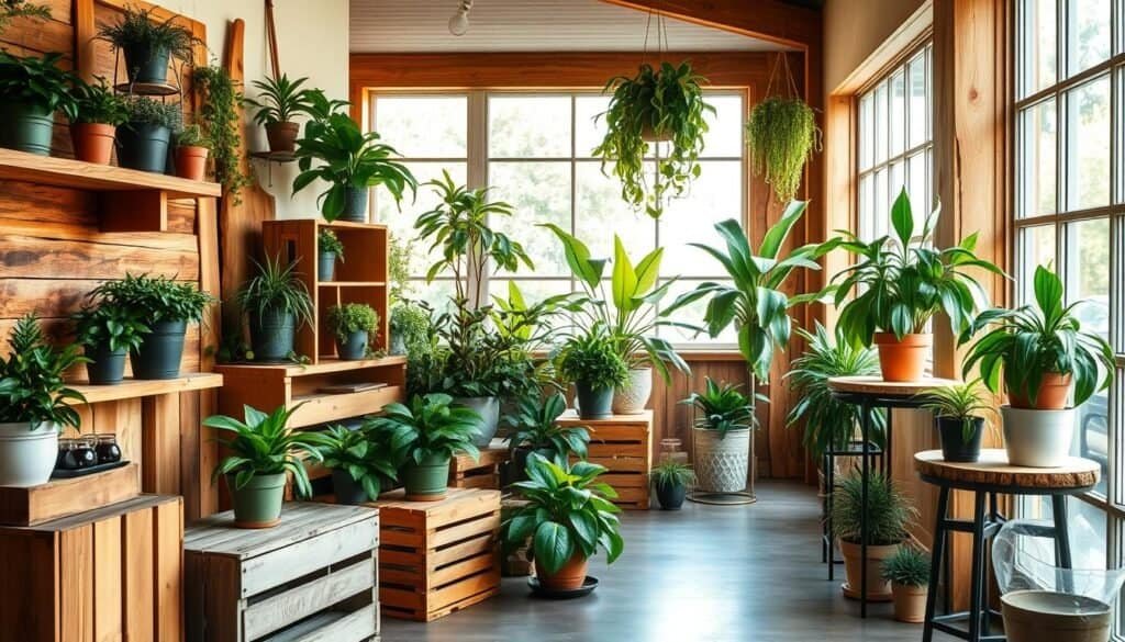 A cozy, well-lit indoor scene featuring a variety of thriving potted plants, artfully arranged on a series of wooden shelves, crates, and side tables. Warm, natural lighting from large windows bathes the space, casting gentle shadows and highlights on the wooden accents and lush greenery. The wooden elements, ranging from rough-hewn planks to smooth, polished surfaces, complement the plants' vibrant foliage, creating a harmonious, nature-inspired aesthetic. Thoughtful composition and styling draw the eye, showcasing the synergy between the organic and the rustic. This tranquil, inviting environment captures the essence of bringing the outdoors in through the considered use of natural materials and greenery.